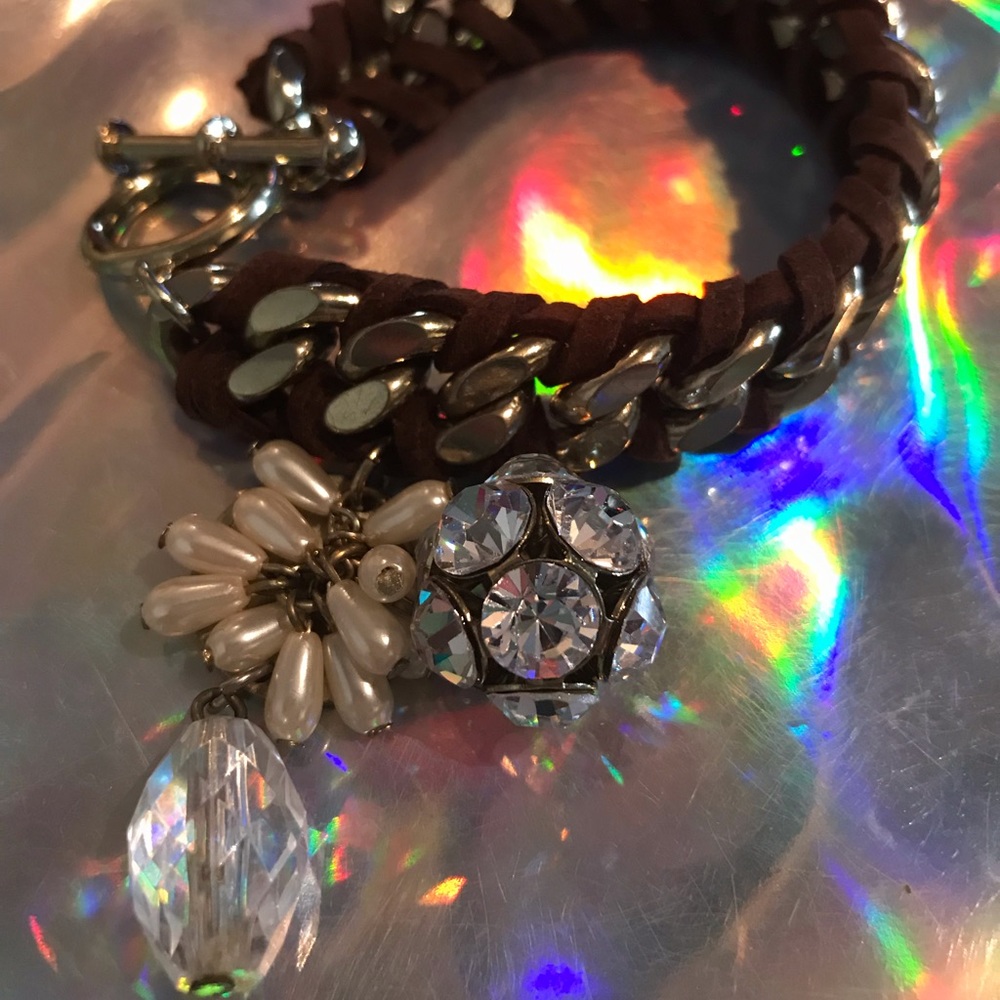 Vintage Leather chain charm bracelet crystal rhinestone charm sexy boho western